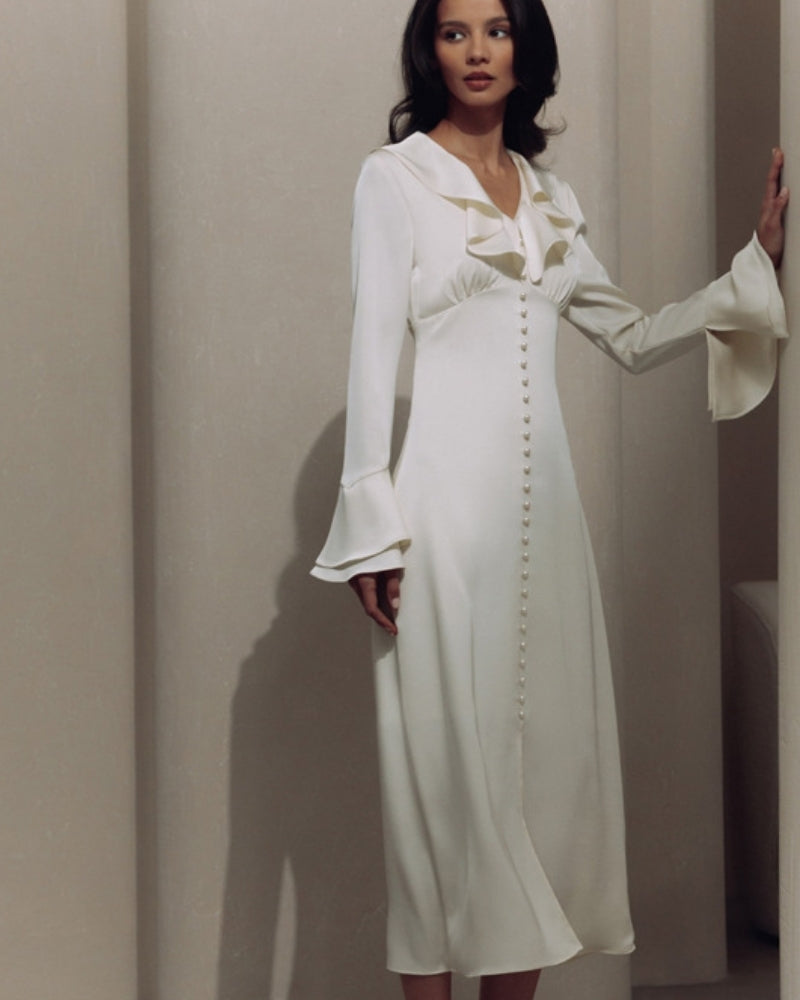 Robe Midi à Volants et Boutons Perles